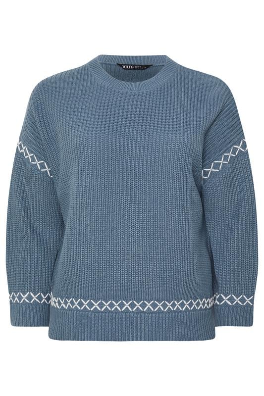 YOURS Plus Size Blue Blanket Stitch Jumper | Yours Clothing 6