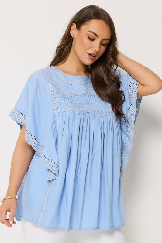  YOURS Curve Blue Crochet Drape Sleeve Blouse