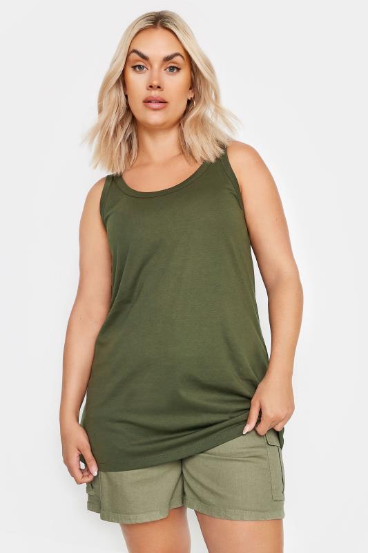 YOURS 3 PACK Curve Khaki Green & Black Core Vest Tops | Yours Clothing 2