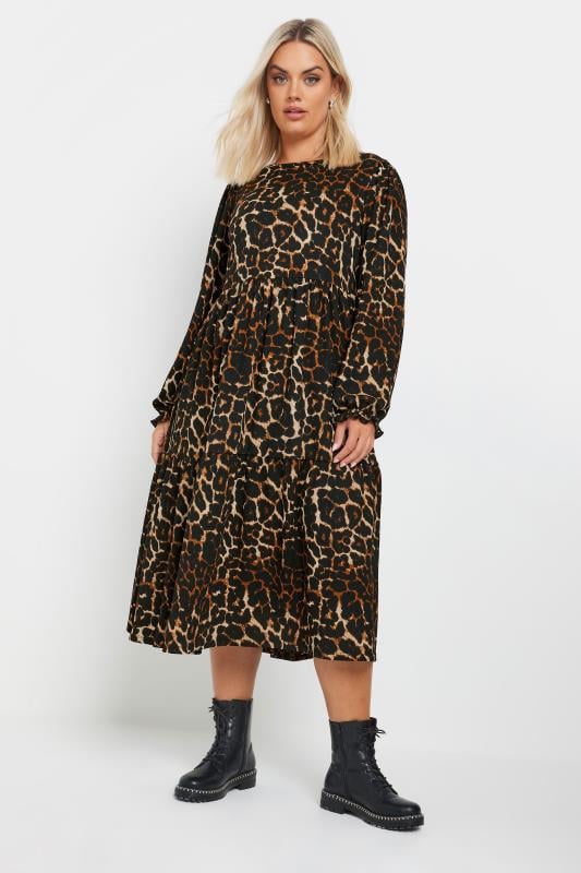 YOURS Plus Size Brown Leopard Print Textured Midaxi Dress | Yours Clothing 2