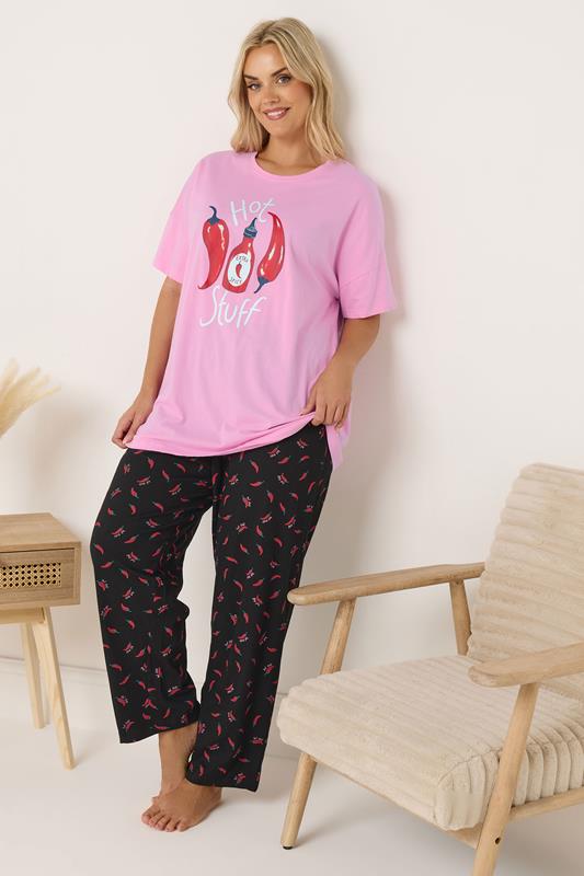  YOURS Curve Pink 'Hot Stuff' Wide Leg Striped Pyjama Set