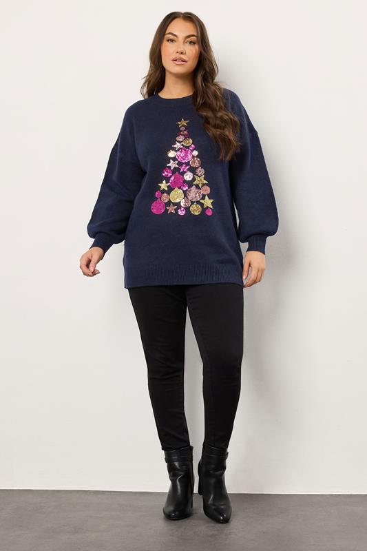 EVANS Plus Size Navy Blue Sequin Embellished Baubles Christmas Jumper | Evans 1