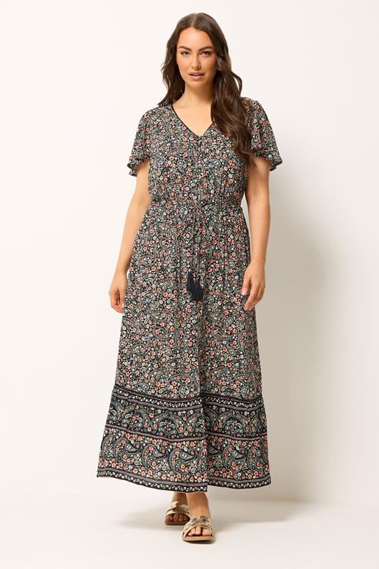 YOURS Plus Size Black Ditsy Floral Border Detail Dress | Yours Clothing 1