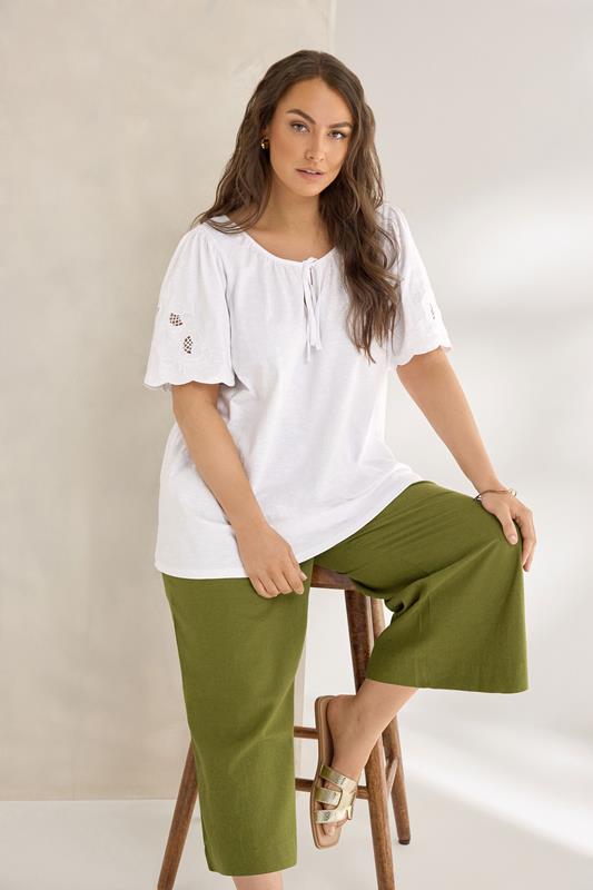  EVANS Curve White Broderie Sleeve Tie Neck Blouse