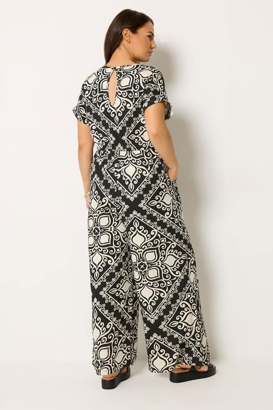 YOURS Plus Size Black & White Paisley Print Wide Leg Jumpsuit | Yours Clothing 2