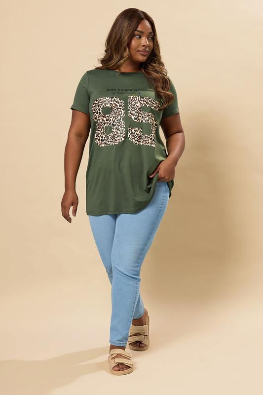 YOURS Plus Size Khaki Green Leopard Print 85 Slogan T-Shirt | Yours Clothing 2