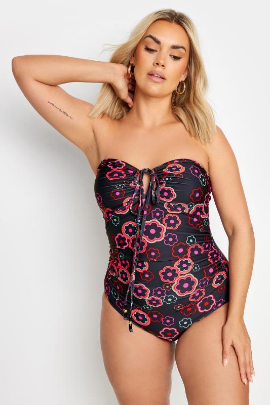 YOURS Plus Size Black & Pink Floral Halter Neck Swimsuit | Yours Clothing 3