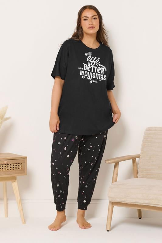 YOURS Plus Size Black 'Life Is Better In Pyjamas' Slogan Pyjama Top | Yours Clothing 2