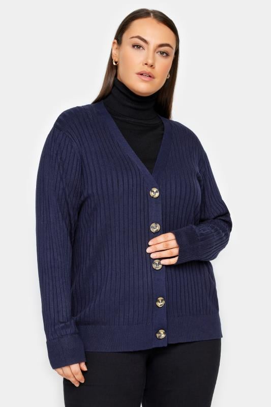 Plus Size  Evans Navy Blue Ribbed Knit Cardigan