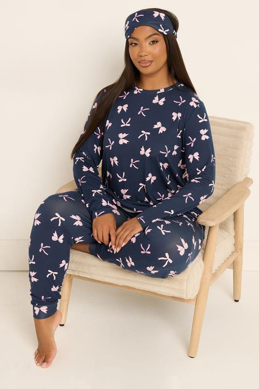 YOURS Plus Size Set Navy Blue Bow Soft Touch Pyjama & Eye Mask | Yours Clothing 1