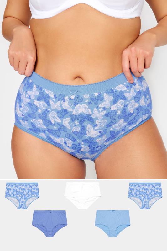 Plus Size  YOURS 5 PACK Curve Blue & White Butterfly Design High Waisted Full Briefs