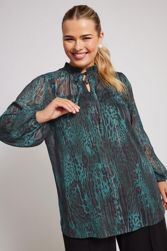 YOURS LONDON Plus Size Green Leopard Print Mesh Blouse | Yours Clothing  2