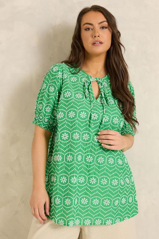  EVANS Curve Green Floral Broderie Tie Neck Blouse