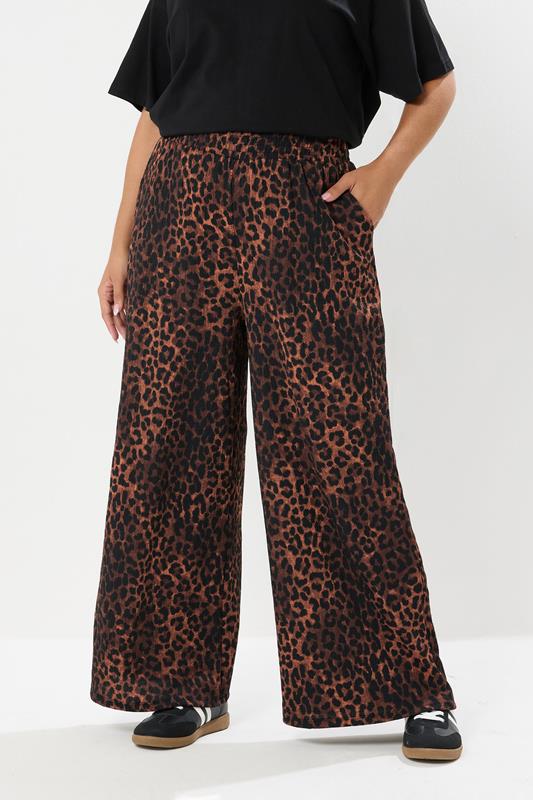  YOURS Curve Brown Leopard Print Crinkle Wide Leg Trousers