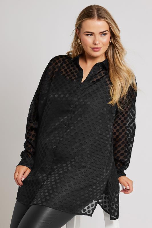 YOURS LONDON Plus Size Black Burnout Polka Dot Shirt | Yours Clothing  2