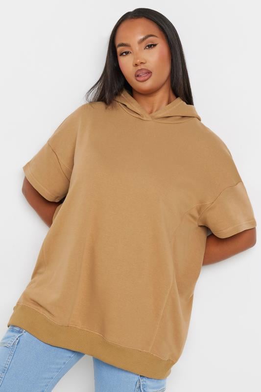 YOURS Plus Size Beige Brown Oversized Short Sleeve Hoodie | Yours Clothing 1