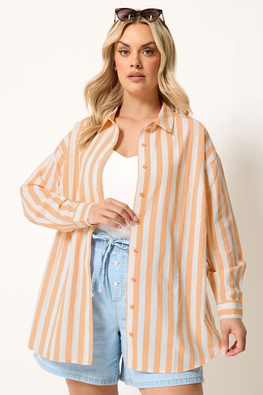 YOURS Plus Size Orange Stripe Linen Long Sleeve Shirt | Yours Clothing 1