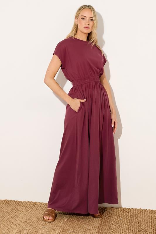  LTS Tall Wine Red Jersey Shirred Waist Cotton Maxi Dress