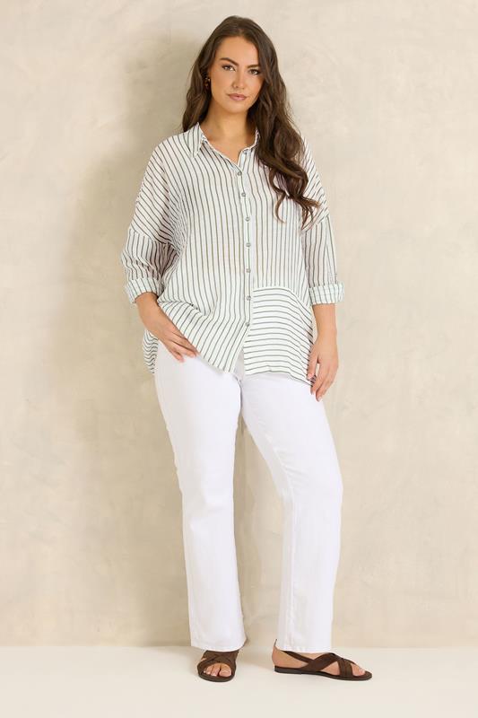 EVANS Plus Size White & Green Stripe Shirt | Evans 2