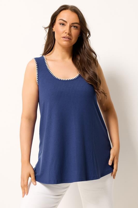 YOURS Plus Size Cobalt Blue Contrast Blanket Stitch Ribbed Vest Top | Yours Clothing 1