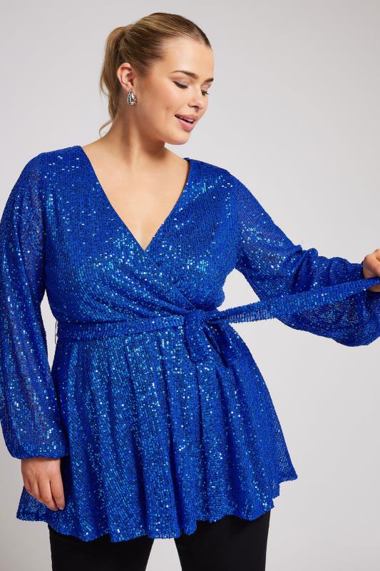 YOURS LONDON Plus Size Blue Sequin Wrap Top | Yours Clothing 1