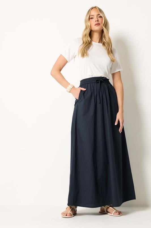  LTS Tall Navy Blue Pull On Cotton Maxi Skirt