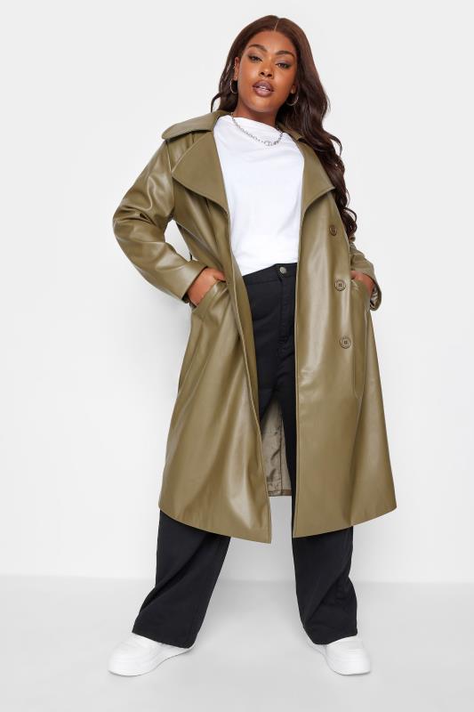 YOURS Plus Size Olive Green Faux Leather Trench Coat | Yours Clothing 1