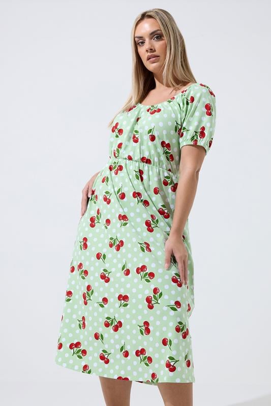  LIMITED COLLECTION Curve Green Cherry Gingham Bardot Dress