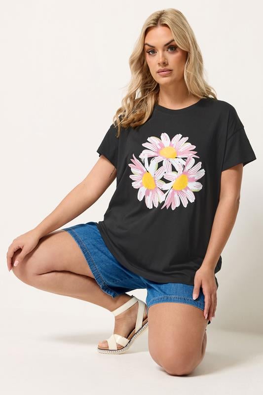 Yours Plus Size Black Daisy Studded Embellished T-Shirt | Yours Clothing 1
