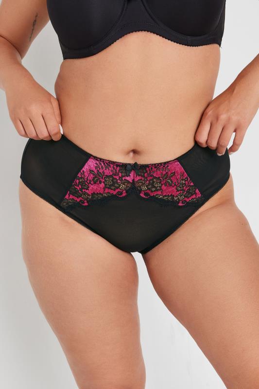 YOURS Plus Size Black & Pink Lace Detail Knickers | Yours Clothing  1