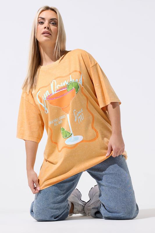  LIMITED COLLECTION Curve Orange Longline 'Sun Drenched' Acid Wash T-Shirt