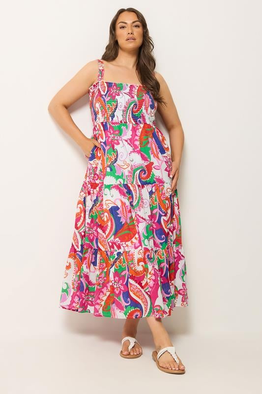  YOURS Curve Pink Abstract Shirred Sundress