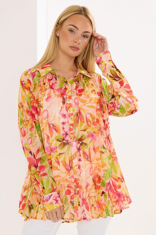  STAR Orange Floral Pleated Shirt