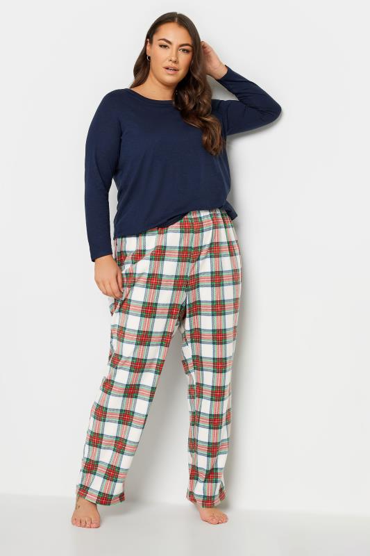 YOURS Curve Plus Size White & Red Tartan Print Fleece Pyjama Bottoms | Yours Clothing  3