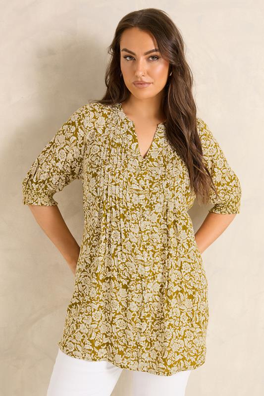  EVANS Curve Green Floral Pintuck Blouse