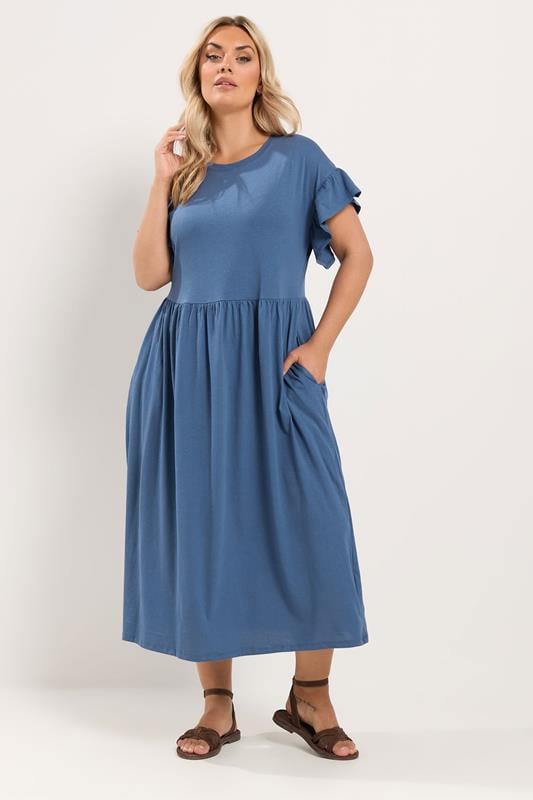  YOURS Curve Blue Frill Sleeve Cotton Maxi Dress