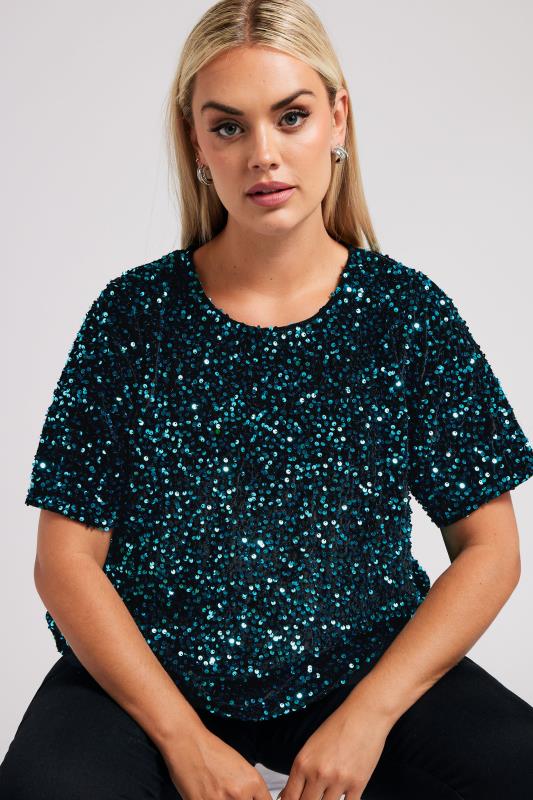 YOURS LONDON Plus Size Blue Velvet Sequin Top | Yours Clothing  2