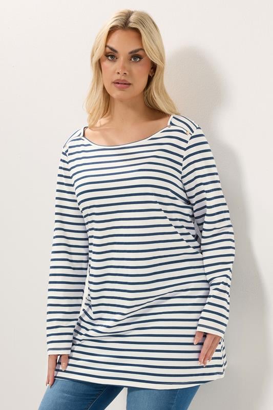 YOURS Curve White Stripe Stud Detail Long Sleeve T-Shirt