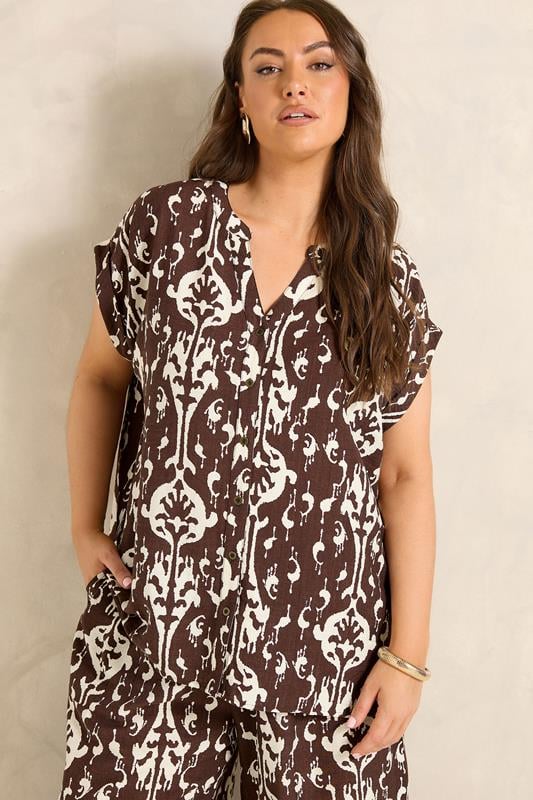  EVANS Curve Chocolate Brown Abstract Shirt