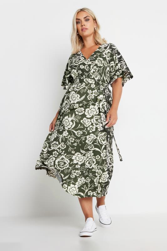 YOURS Plus Size Khaki Green Floral Print Textured Wrap Dress | Yours Clothing 1