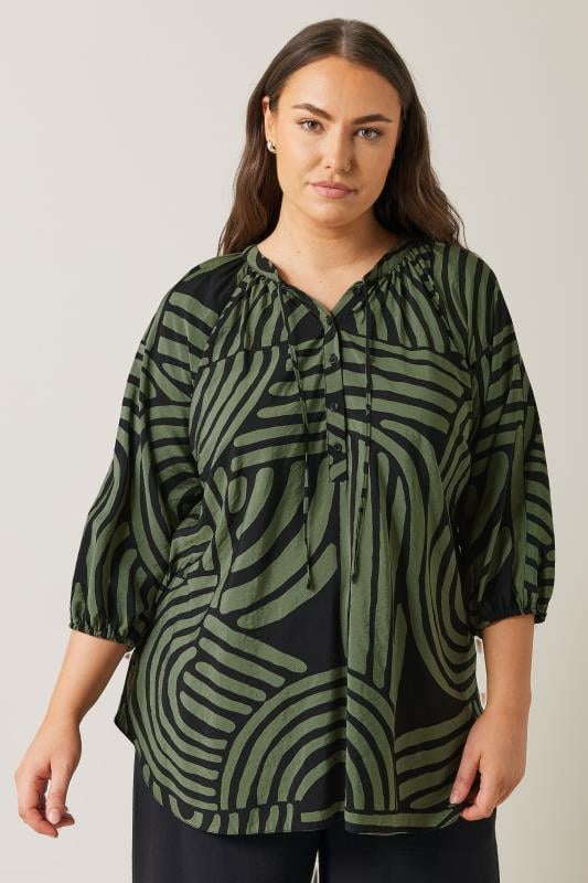 EVANS Plus Size Khaki Green Abstract Print Tie Neck Blouse | Evans 1