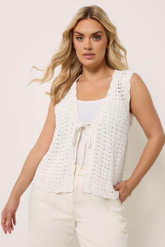 YOURS Curve Ivory White Scallop Edge Knitted Waistcoat