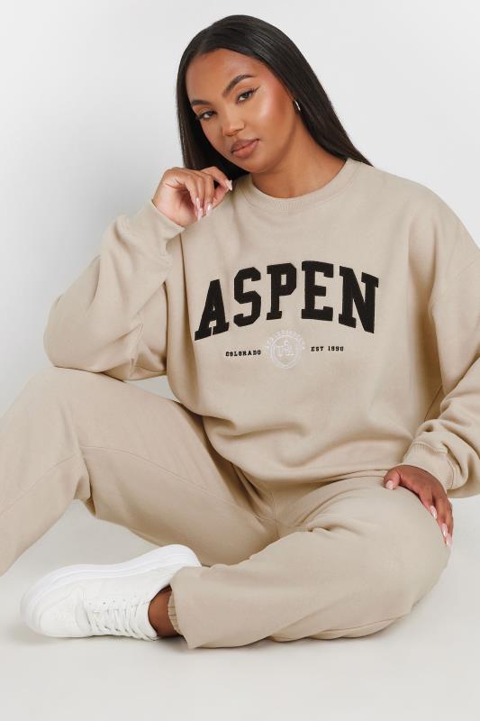 YOURS Plus Size Stone Brown 'Aspen' Slogan Joggers | Yours Clothing  5