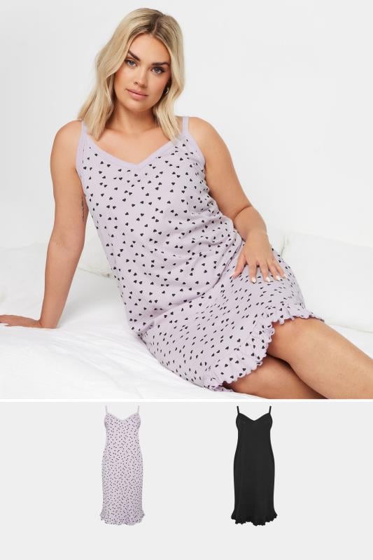 YOURS Plus Size 2 PACK Purple Heart Print Chemise Nightdresses | Yours Clothing 1