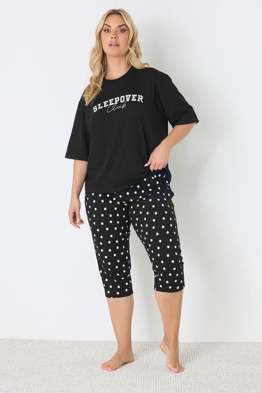  YOURS Curve Black Polka Dot Wide Leg Pyjama Cropped Bottoms