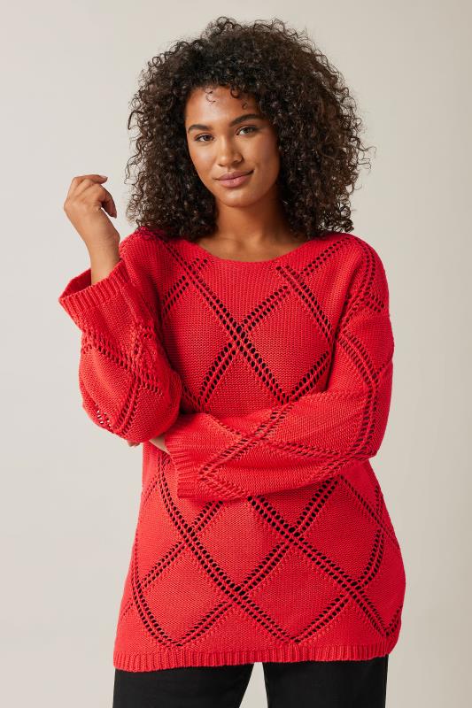 EVANS Plus Size Red Diamond Pointelle Jumper | Evans 1