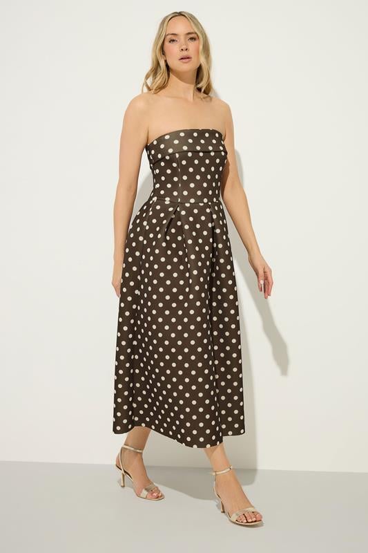 LTS Tall Chocolate Brown Bandeau Polka Dot Pleated Midi Dress