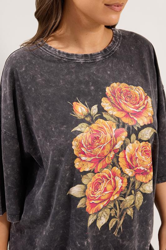 YOURS Plus Size Grey Acid Wash Rose Boxy T-Shirt | Yours Clothing 4