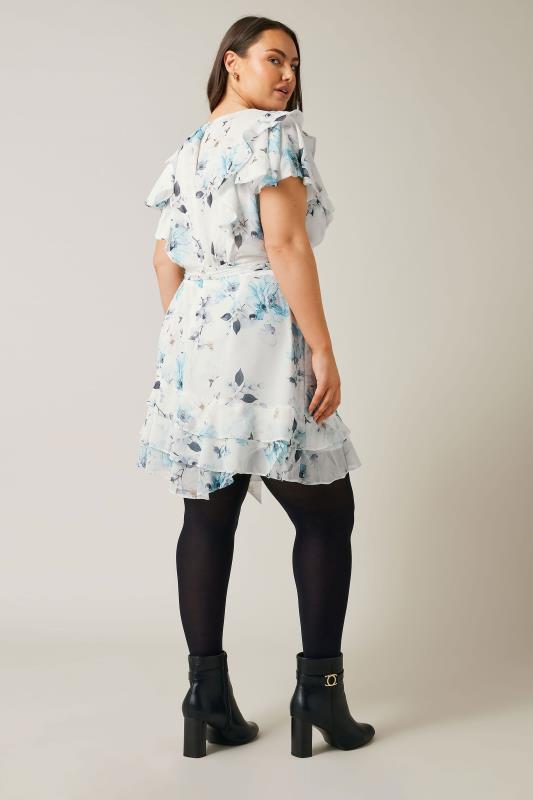 EVANS Plus Size White Blue Floral Print Ruffle Dress | Evans 3