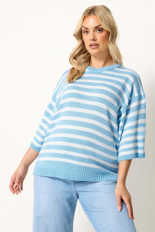  YOURS Curve Blue Striped Knitted Jumper